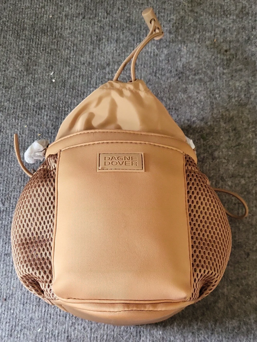 Dagne Dover Sloan Water Sling Bag Tan Drawstring Mesh Side Backpack